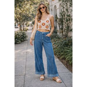 Stoned Immaculate Blue Denim Wide Leg Turn Up Jeans Pants  Women's Size Large